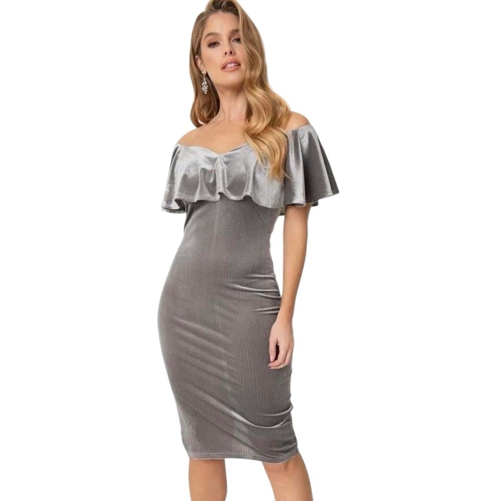 Silver 50’s Velvet Off-the-Shoulder Sophia Wiggle Dress by Unique Vintage